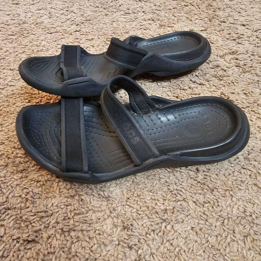 Crocs Cleo Womens 8 Black Double Strap Slide Sandals Open Toe Flat - Picture 4 of 7